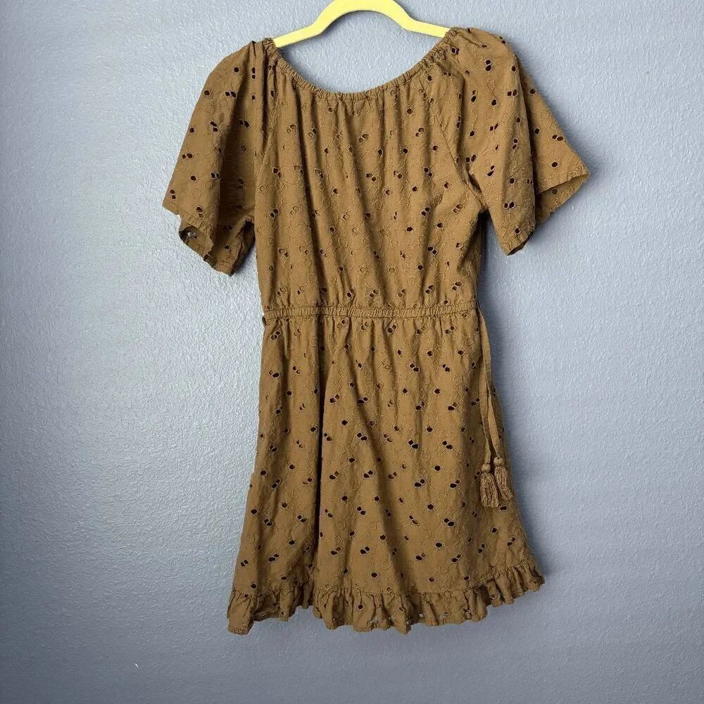 Nuon Women's Dress Brown Broderie Puff Sleeve Mini Short Sleeve Medium Tie Waist - Picture 2 of 7